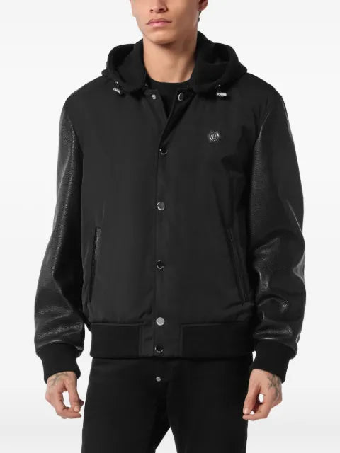Philipp Plein leather-sleeve hooded bomber jacket
