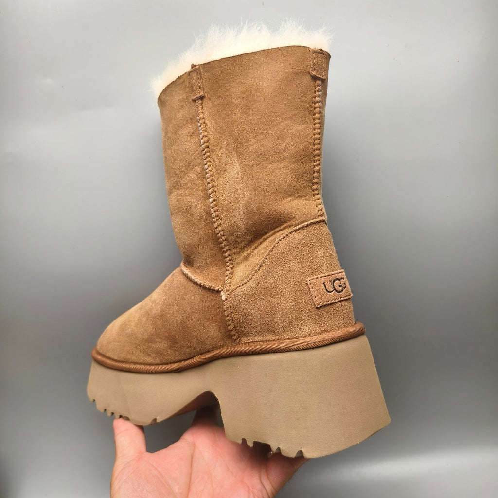 Chestnut Wedge Chunky Sole Mid-Calf Fashion Boots — New Arrival | In Stock