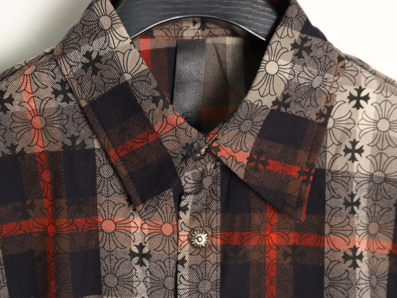 Floral Plaid Button-Up Shirt with Cross Detail