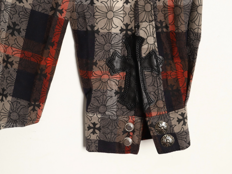 Floral Plaid Button-Up Shirt with Cross Detail