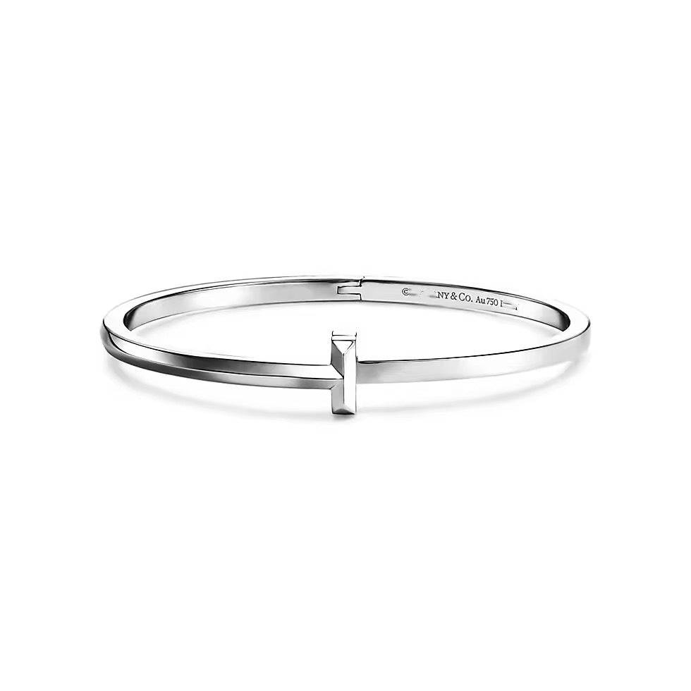 Tiffany Style T Motif Cubic Zirconia 18K Gold-Plated Bangle