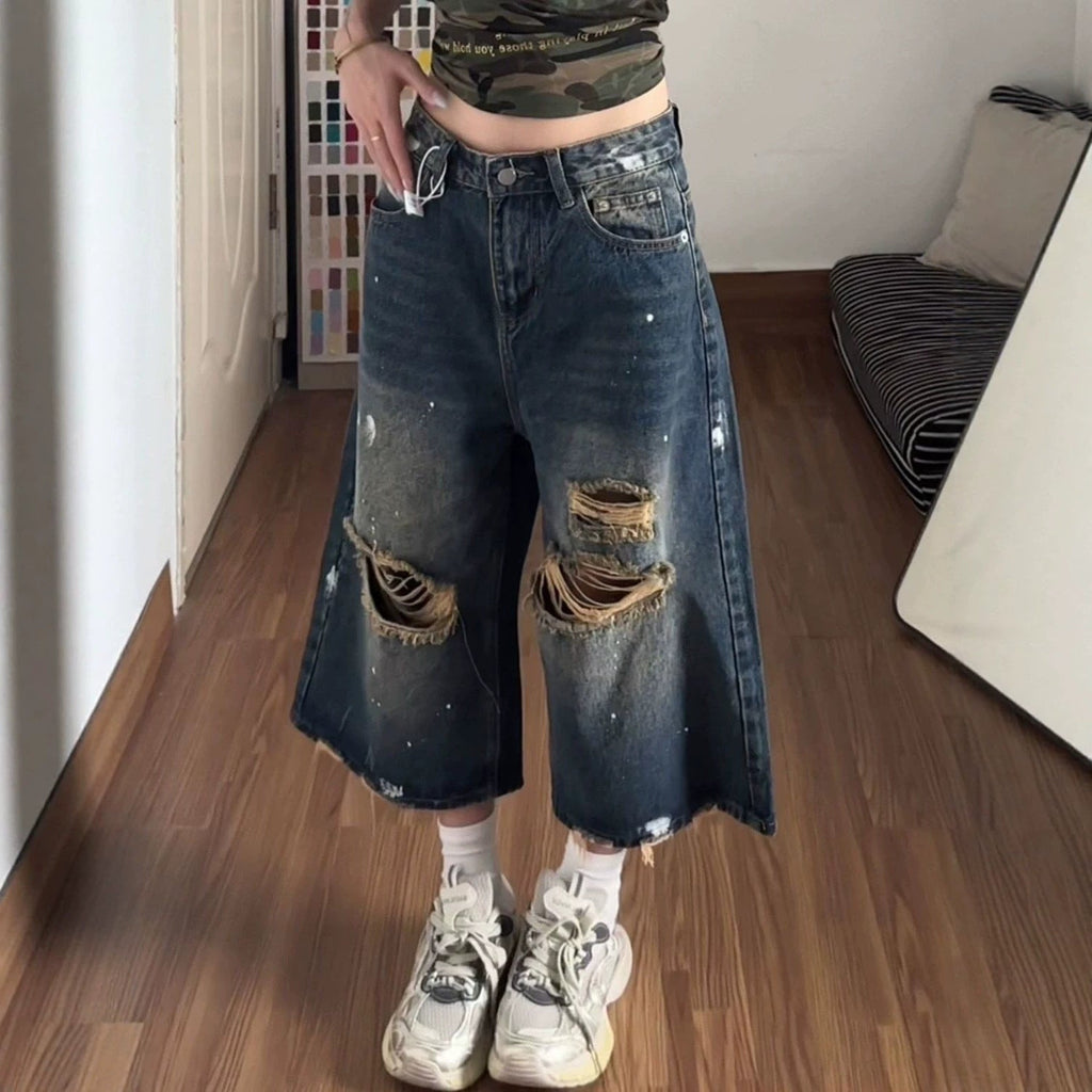 Vintage Distressed Washed Capri Denim Wide Leg Baggy Shorts