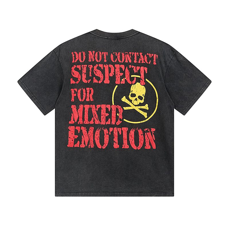 MIXED EMOTION Washed Black Distressed Graphic T-Shirt