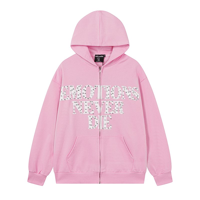 MIXED EMOTION Pink Rhinestone Zip Hoodie