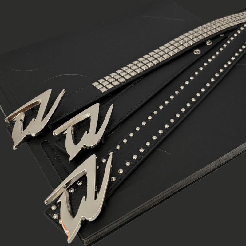 Y2K Punk Studded Leather Belt Futuristic Logo Metal Buckle Waist Belt