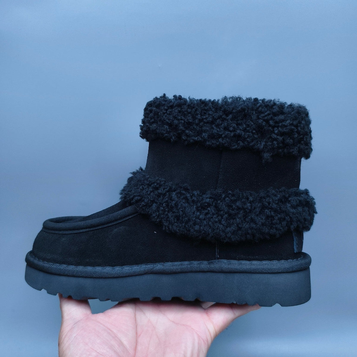 Black Curly Fur Big Logo Mid-Top Trendy Boots — New Arrival | In Stock