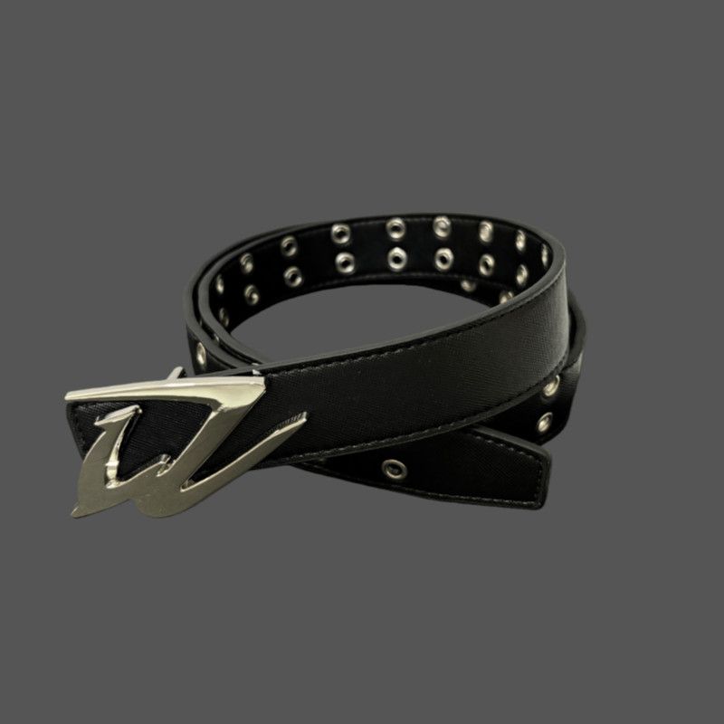 Y2K Punk Studded Leather Belt Futuristic Logo Metal Buckle Waist Belt