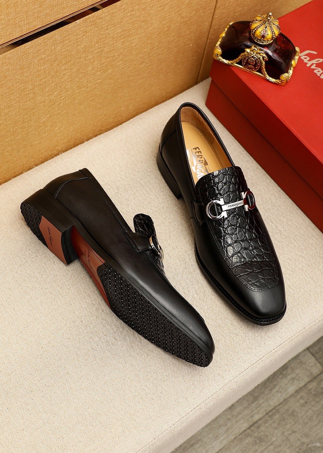 Ferragamo Black Buckle Loafers - Rounded Toe