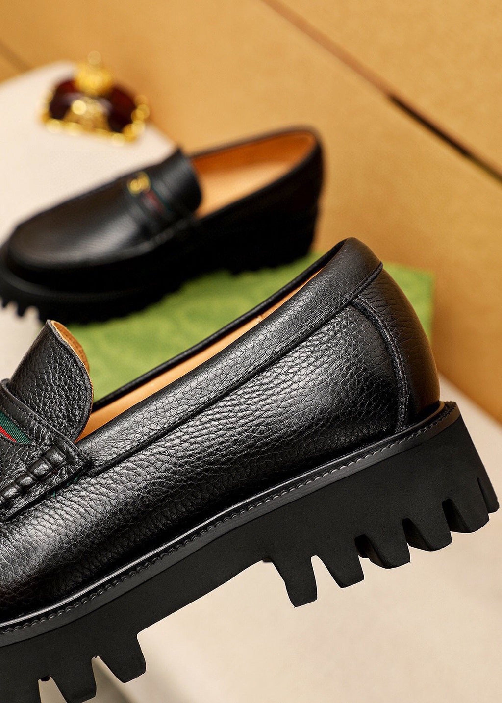 Gucci Black Metal-Bit Lug Sole Loafers