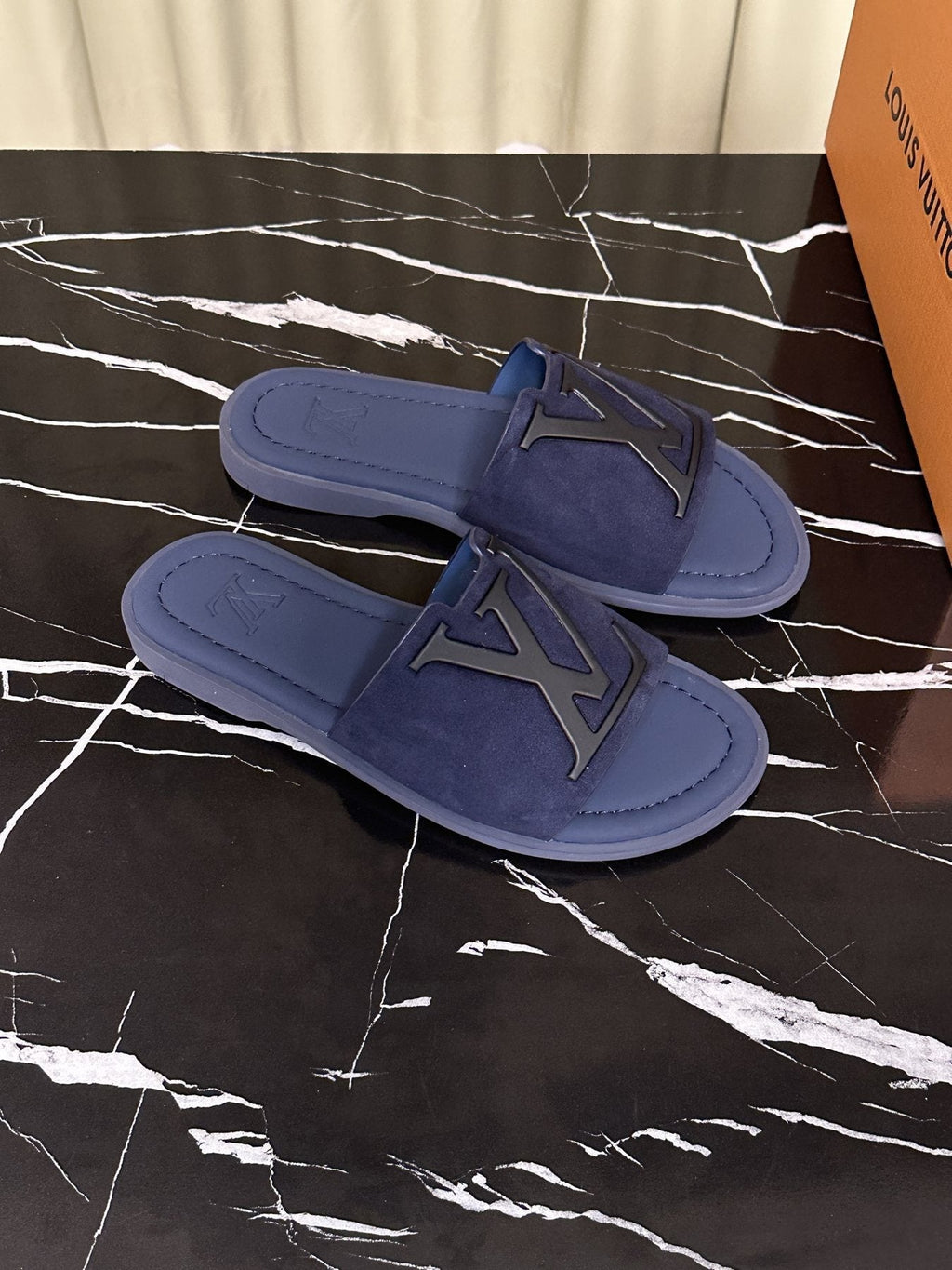 Louis Vuitton Men's Navy Blue Logo Slide Sandals