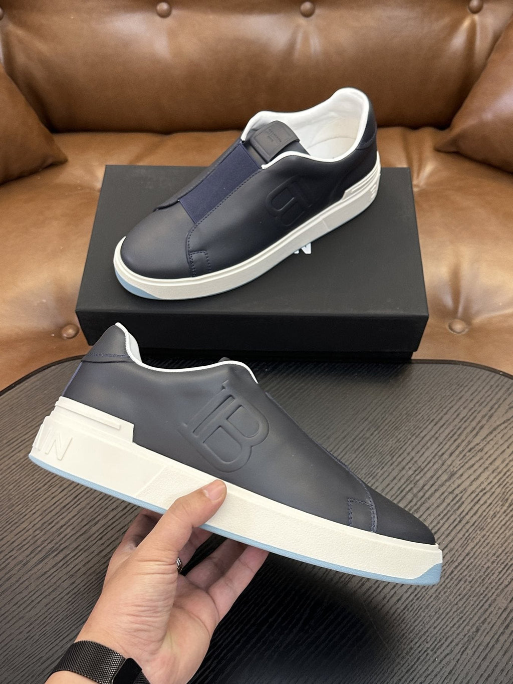 Balmain Navy Elastic Band Slip-On Sneakers