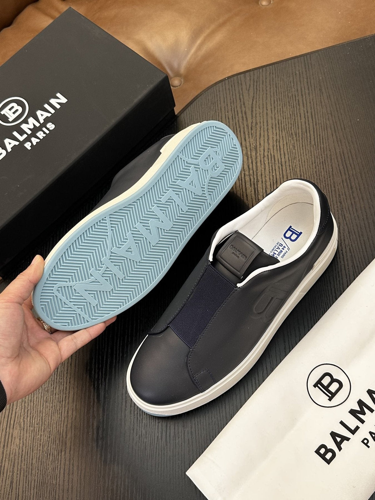 Balmain Navy Elastic Band Slip-On Sneakers