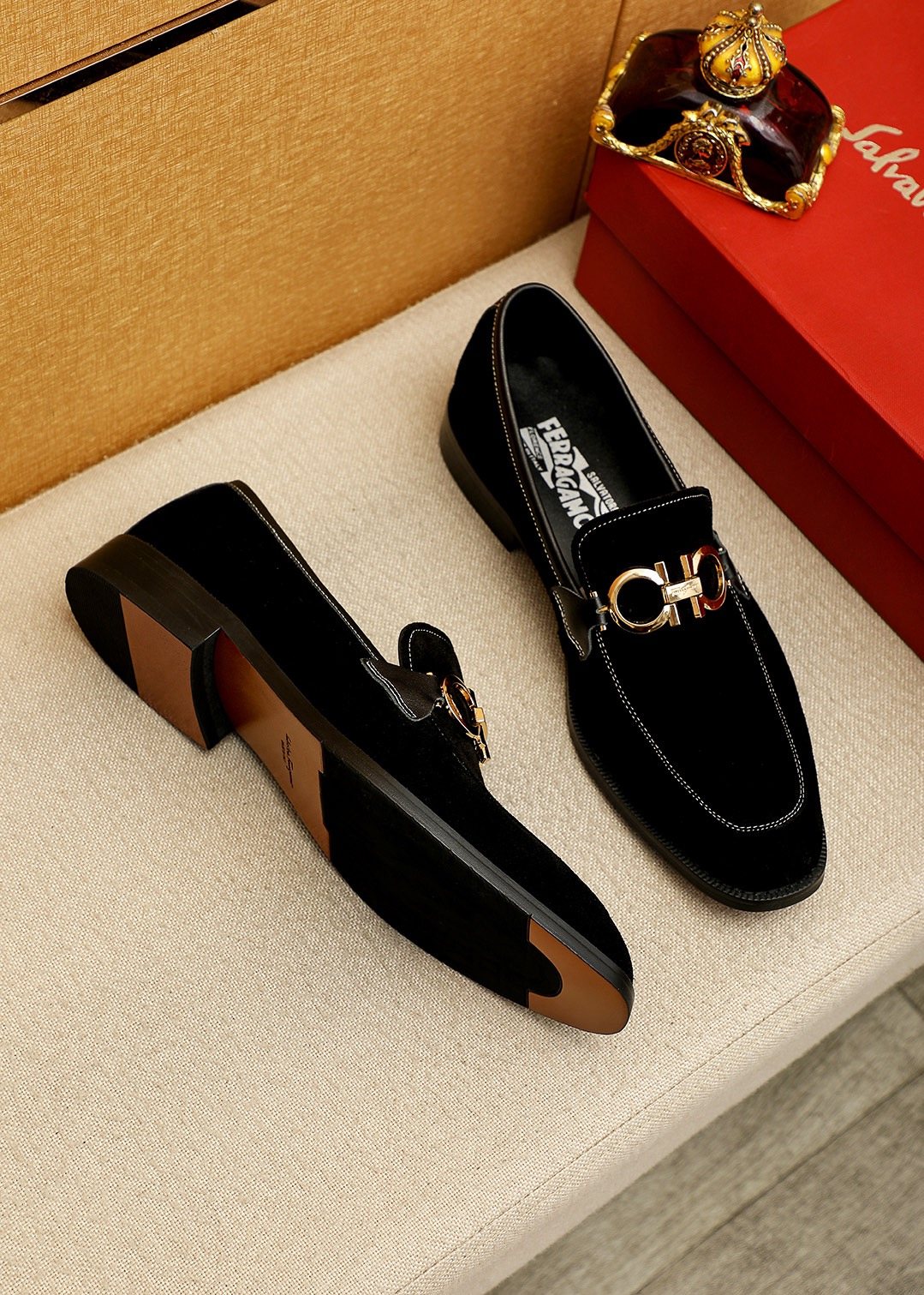 Ferragamo Black Suede Hardware Loafers