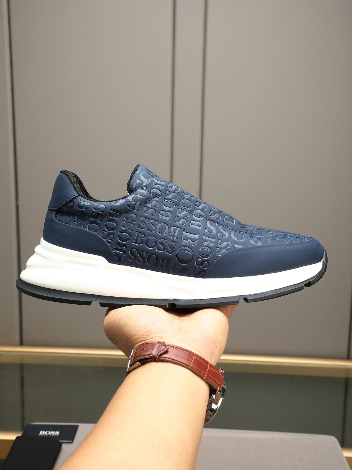 BOSS Navy Textured Slip-On Sneakers - Padded Collar