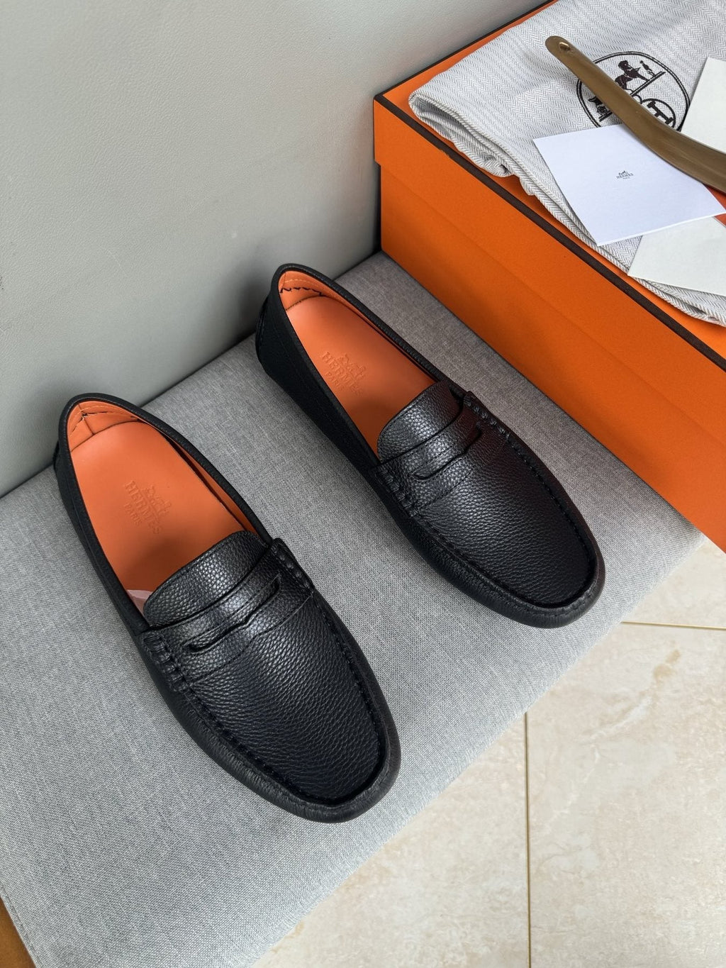 Hermès Men's Black Textured Penny Loafers
