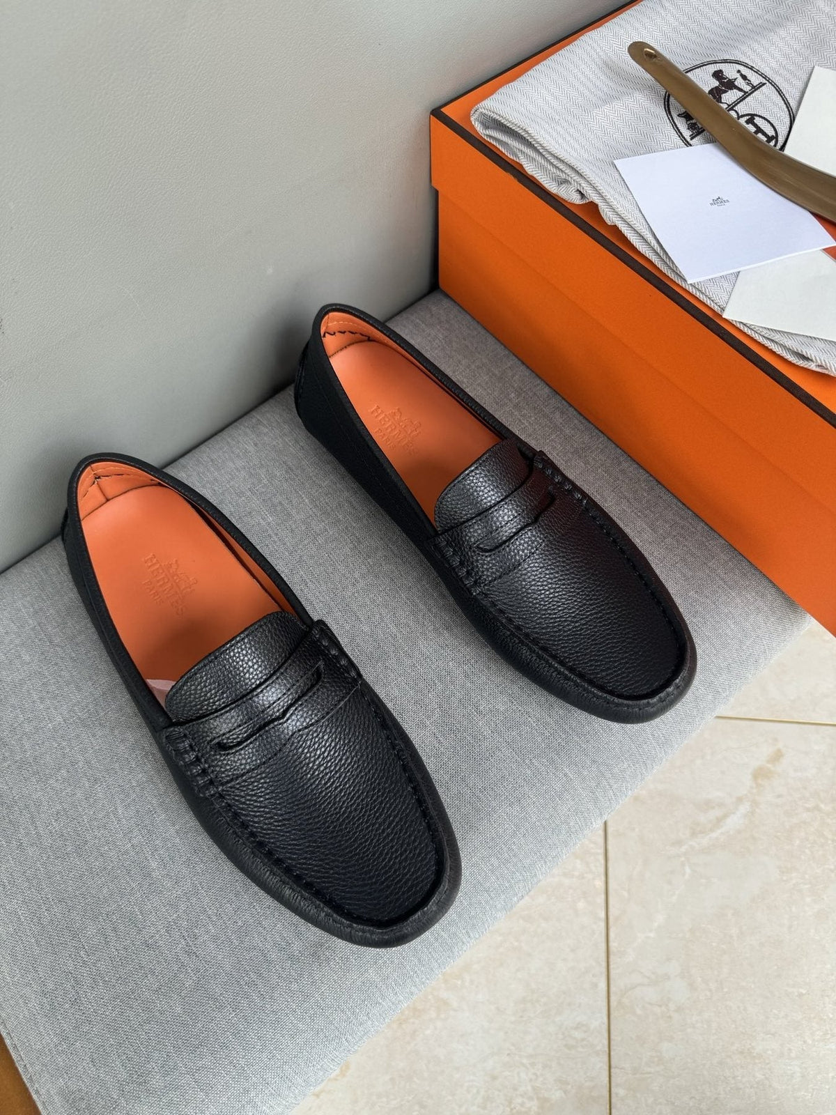 Hermès Men's Black Textured Penny Loafers
