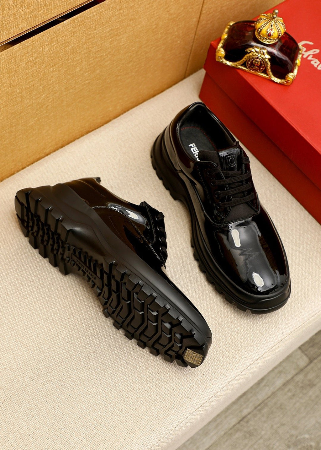Ferragamo Black Patent Leather Lace-Up Shoes