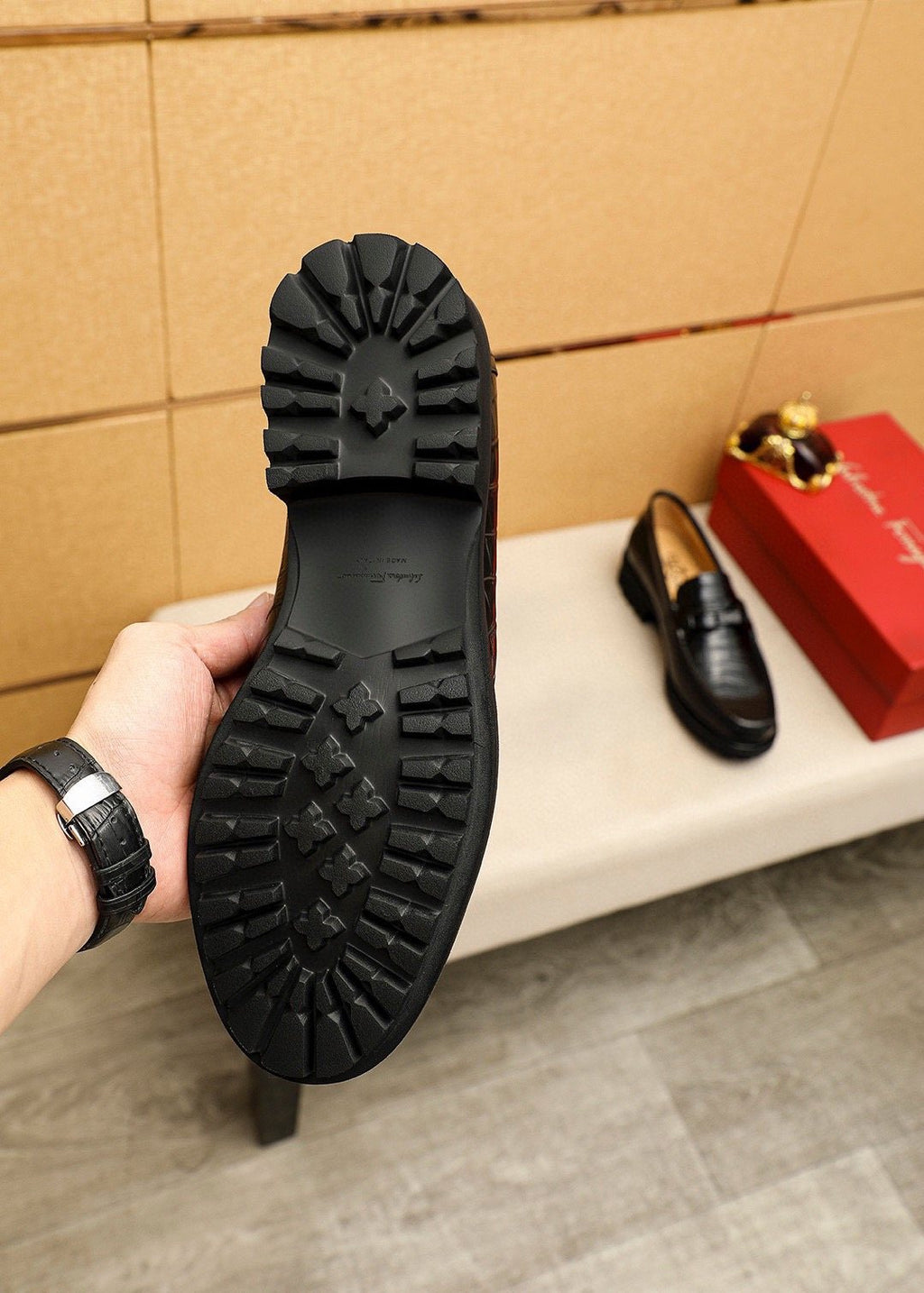 Ferragamo Black Embossed Leather Loafers