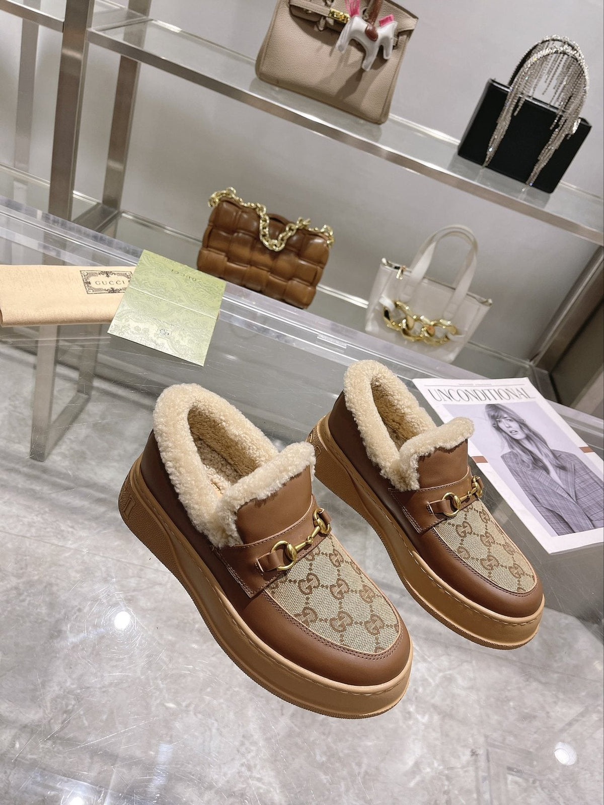Gucci Patterned Plush-Trim Slip-On Snow Boots
