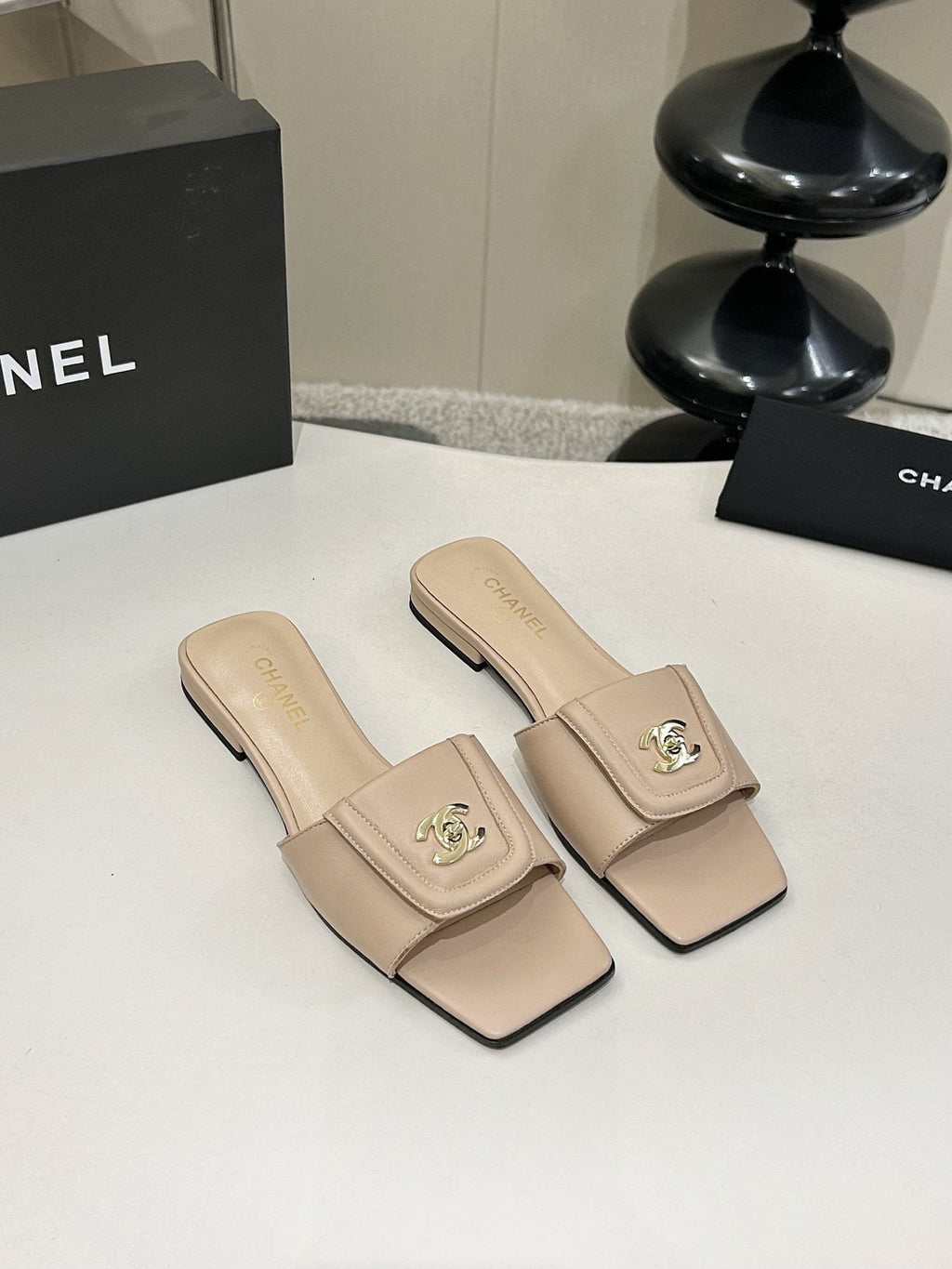Chanel Square-Toe Leather Slide Sandals