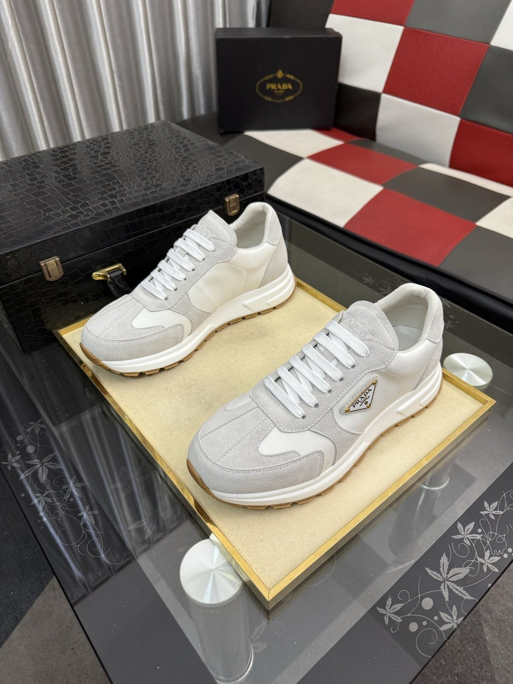 Prada Men's Triangle Badge Low-Top Sneakers - Lace-Up Closure